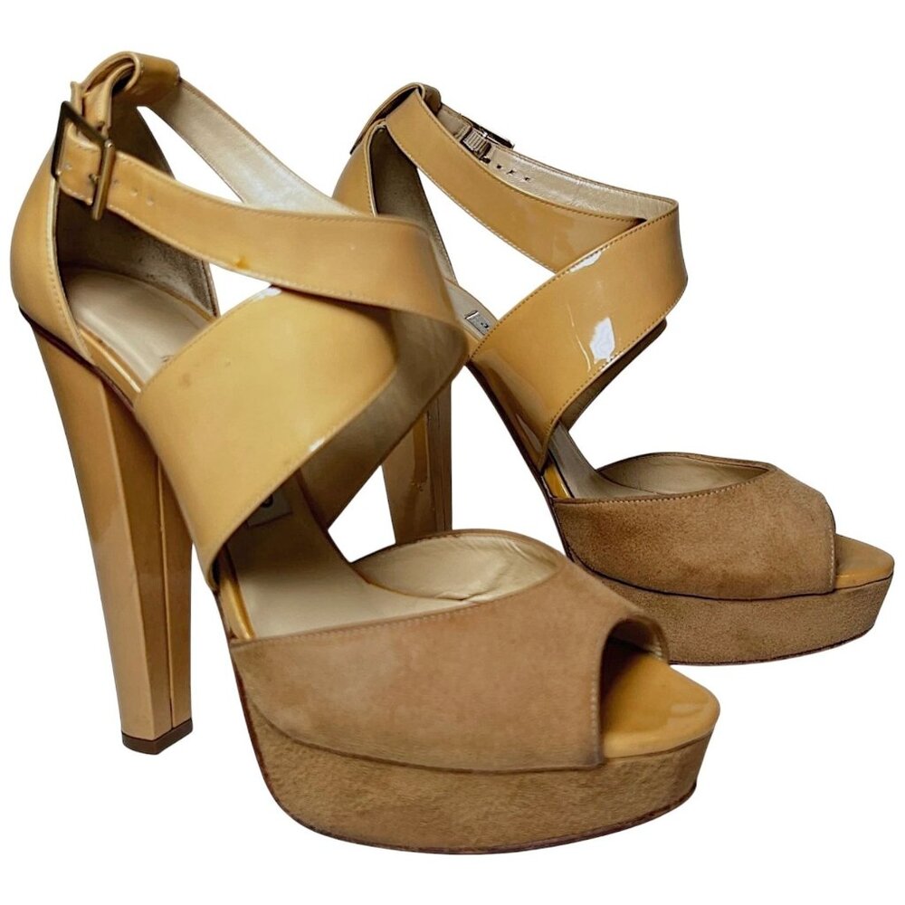 Jimmy Choo Fiery Patent Platform Ankle Strap Heel Sandals Beige EU 38 US 8 Luxe